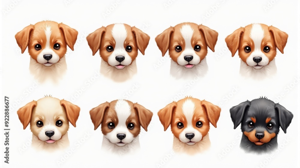 Cute Illustrated Puppy Faces with Various Expressions and Colors Cute Illustrated Puppy Faces with Various Expressions and Colors