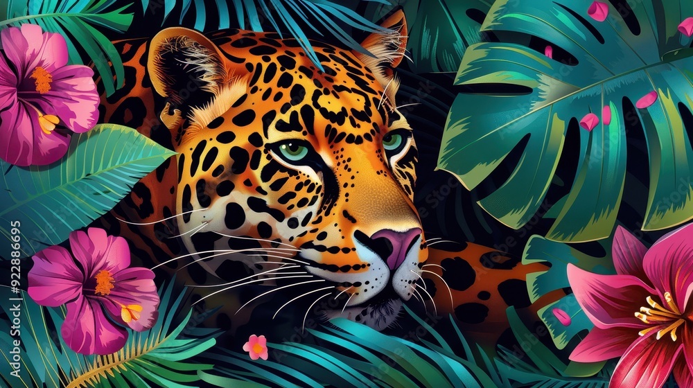 A leopard is lounging quietly among lush green leaves and bright tropical flowers under sunlight A leopard is lounging quietly among lush green leaves and bright tropical flowers under sunlight