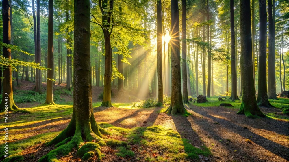 Fototapeta premium Tranquil forest scene with sunlight filtering through trees, casting dappled shadows on forest floor, Nature, Woods, Trees