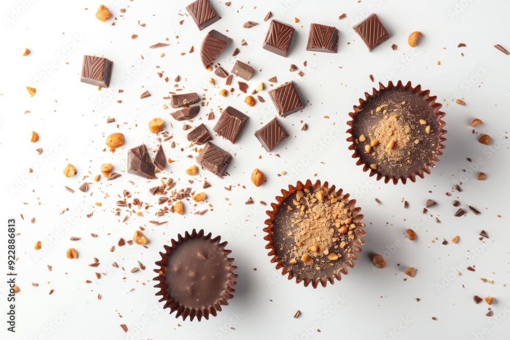 Dark chocolate.Traditional American candy.Peanut butter cups.Peanut butter.Peanut butter cups on a white background with artistically scattered pieces of peanut butter and chocolate Dark chocolate.Traditional American candy.Peanut butter cups.Peanut butter.Peanut butter cups on a white background with artistically scattered pieces of peanut butter and chocolate