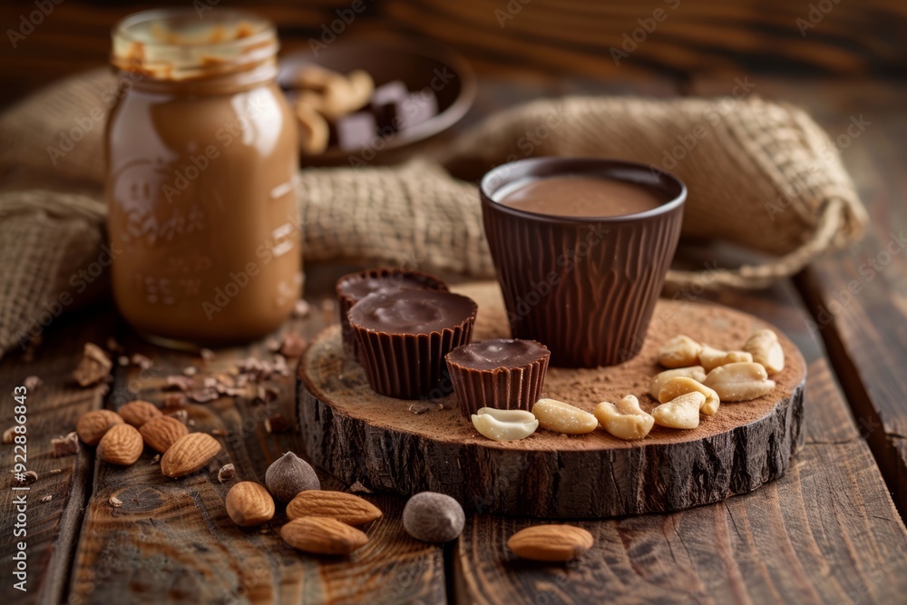 Peanut butter cups on a wooden table, accompanied by a jar of peanut butter, nuts, and a cup of hot chocolate.Dark chocolate.Traditional American candy.Peanut butter cups.Peanut butter. Peanut butter cups on a wooden table, accompanied by a jar of peanut butter, nuts, and a cup of hot chocolate.Dark chocolate.Traditional American candy.Peanut butter cups.Peanut butter.