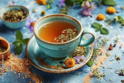 Healthy nettle tea.Nettle leaf tea.Nettle tea.Nettle herbal tea.Nettle leaves.A cup of nettle tea surrounded by various herbal ingredients like chamomile and mint
