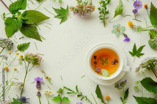A cup of nettle tea with fresh nettle leaves and wildflowers arranged around it.Nettle leaf tea.Nettle tea.Nettle herbal tea.Nettle leaves.Healthy nettle tea.