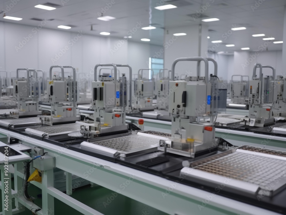 A sterile, modern factory floor with rows of machines, showcasing advanced manufacturing processes. A sterile, modern factory floor with rows of machines, showcasing advanced manufacturing processes.