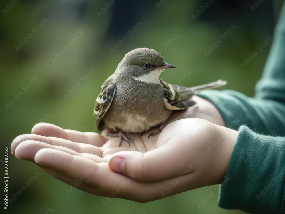 Obraz premium A small bird perched in the palm of a hand, symbolizing gentleness and trust in nature.