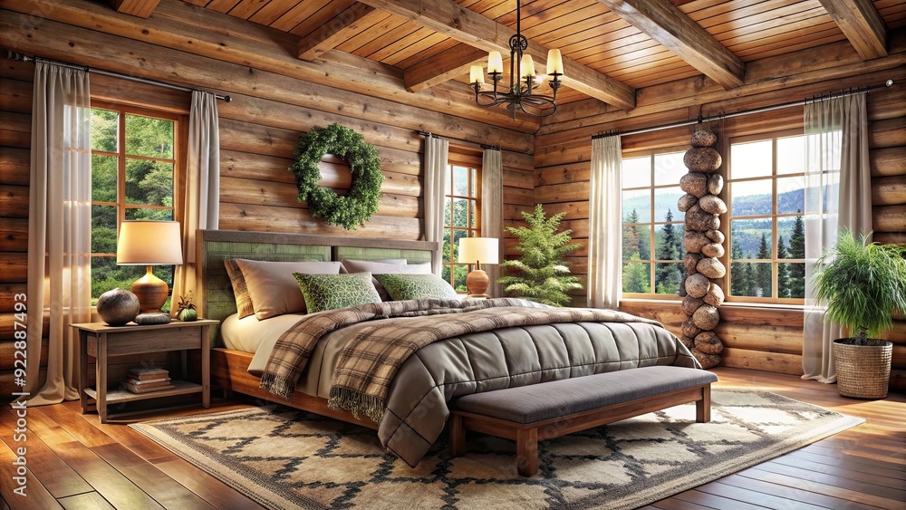 Cozy rustic cabin bedroom featuring plush bedding and nature-inspired decor, rustic, cabin, bedroom, cozy Cozy rustic cabin bedroom featuring plush bedding and nature-inspired decor, rustic, cabin, bedroom, cozy