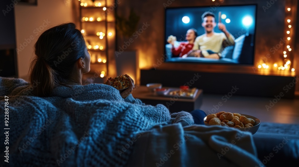 Cozy Home Entertainment - Person Enjoying Streaming Comedy on Sofa with Snacks, Blanket, and Relaxation Cozy Home Entertainment - Person Enjoying Streaming Comedy on Sofa with Snacks, Blanket, and Relaxation