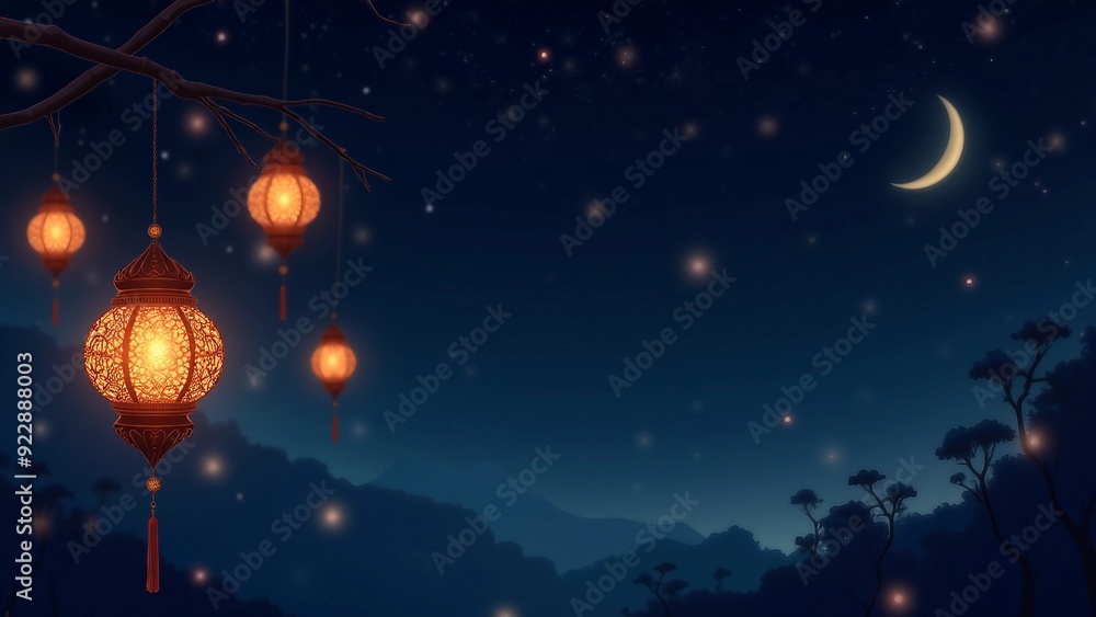Lanterns Glowing in the Night with Crescent Moon and Stars Lanterns Glowing in the Night with Crescent Moon and Stars