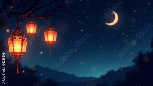 Lanterns Glowing in the Night with Crescent Moon and Stars