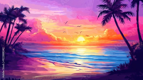 Beach background with a colorful sunset and palm trees, evoking a tropical paradise, copy space, High quality, + --ar 16:9 --v 6.1 Job ID: bf0ef5c1-417e-4331-9299-d881d31b38d8