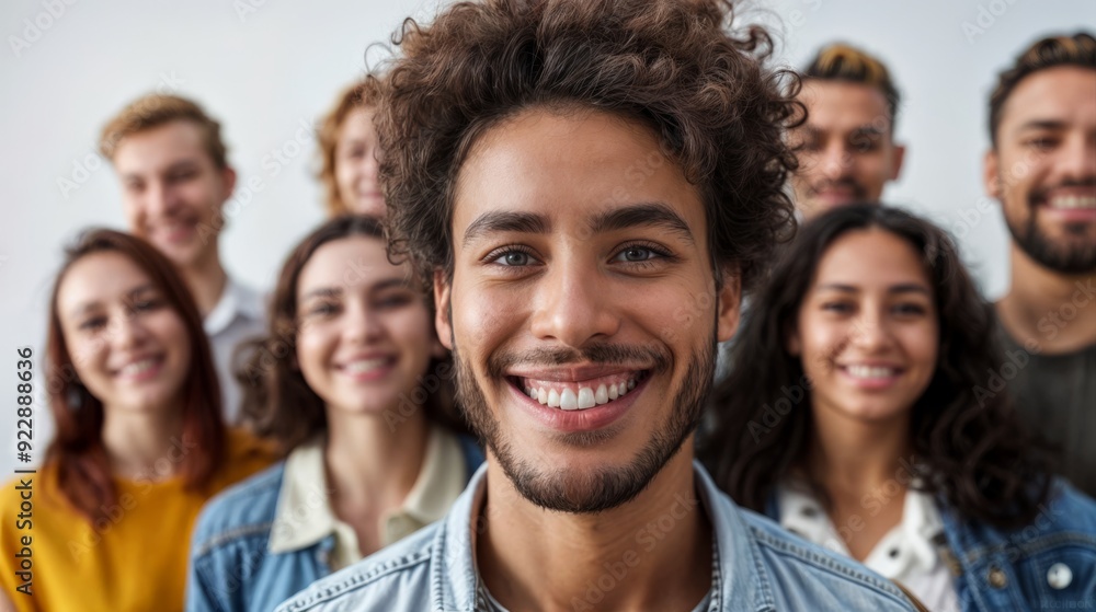 Close-up of a smiling young man in focus, with a diverse group of people standing behind him, symbolizing leadership and community.. Close-up of a smiling young man in focus, with a diverse group of people standing behind him, symbolizing leadership and community..