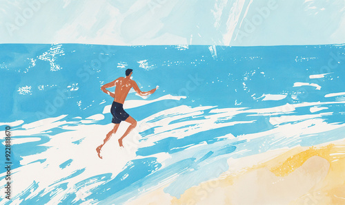 A man jumping into the waves - vacation holiday shot, flat style gouache painted acrylic illustration - trendy and modern styling