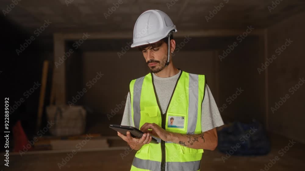 Young hispanic man at a construction site wearing a hard hat and safety vest, using a tablet while standing inside an unfinished building. Young hispanic man at a construction site wearing a hard hat and safety vest, using a tablet while standing inside an unfinished building.