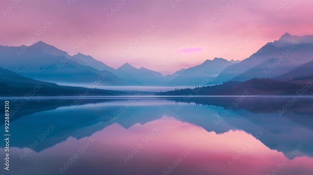 Serene mountain landscape with calm water reflecting a colorful sky at dawn. Serene mountain landscape with calm water reflecting a colorful sky at dawn.