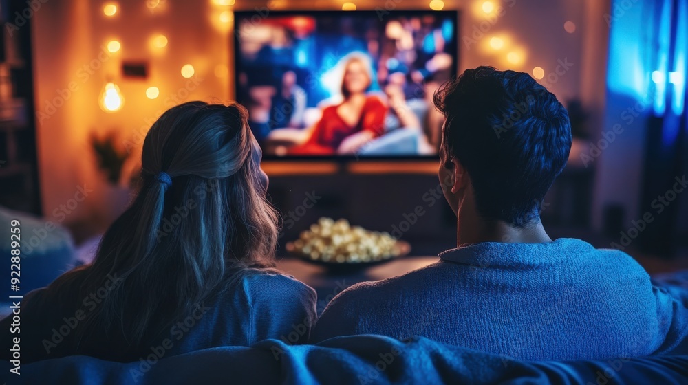 Cozy Date Night: Couple Streaming Classic Film in Living Room with Popcorn, Blankets, and Dimmed Lights Cozy Date Night: Couple Streaming Classic Film in Living Room with Popcorn, Blankets, and Dimmed Lights