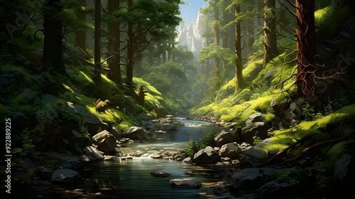 High angle view of waterfall in forest UHD Wallpaper