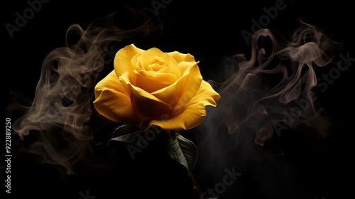 Fototapeta Naklejka Na Ścianę i Meble -  yellow rose with smoke on black background