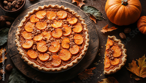 Fresh pumpkin pie baked on rustic wood table generated by AI