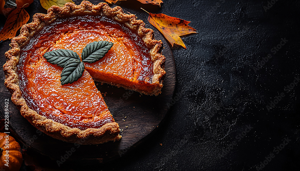 Homemade pumpkin pie slice on rustic wood table generated by AI Homemade pumpkin pie slice on rustic wood table generated by AI