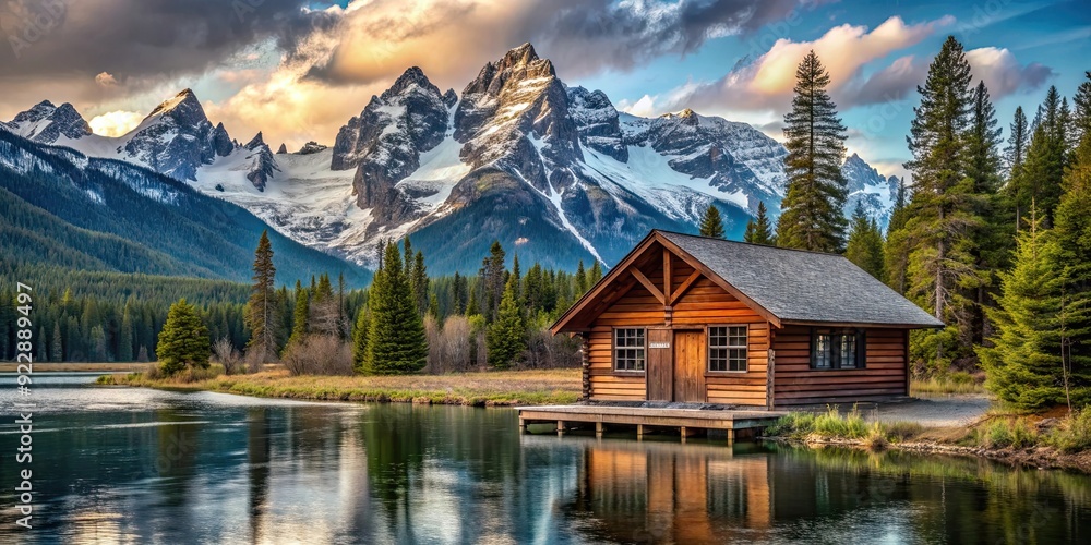 Fototapeta premium Wooden cabin nestled by a riverside with a backdrop of snow-capped mountain peaks , Cabin, Riverside, Snow, Mountain, Winter