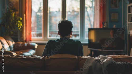 A man sits on a couch watching TV at home, with the warm glow of the sunset streaming through large windows, creating a cozy atmosphere..