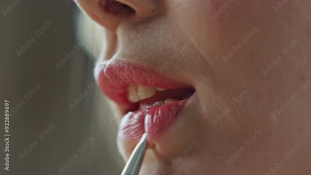 Closeup model applying lipstick at home. Anonymous Woman putting pink lip balm Closeup model applying lipstick at home. Anonymous Woman putting pink lip balm