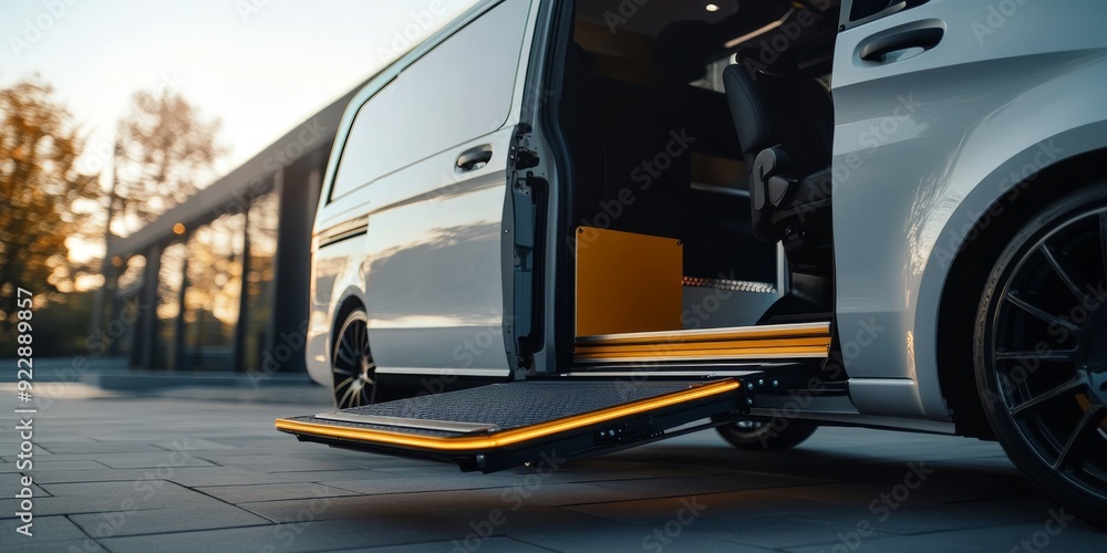 Fototapeta premium This sleek and modern wheelchair accessible minivan is equipped with a lowered ramp, ensuring easy access and mobility, making it perfect for anyone in need of seamless transportation solutions