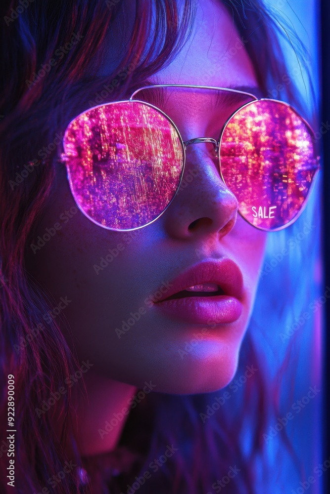 Brightly colored of a woman wearing sunglasses with city lights, Sale discount concept Brightly colored of a woman wearing sunglasses with city lights, Sale discount concept