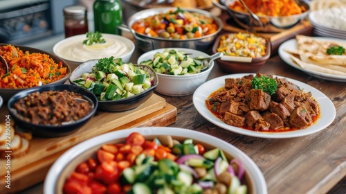 A Vibrant Display of Diverse Halal Dishes Artfully Arranged on a Communal Restaurant Table Inviting Diners to Savor the Flavors of a Multicultural Culinary Experience