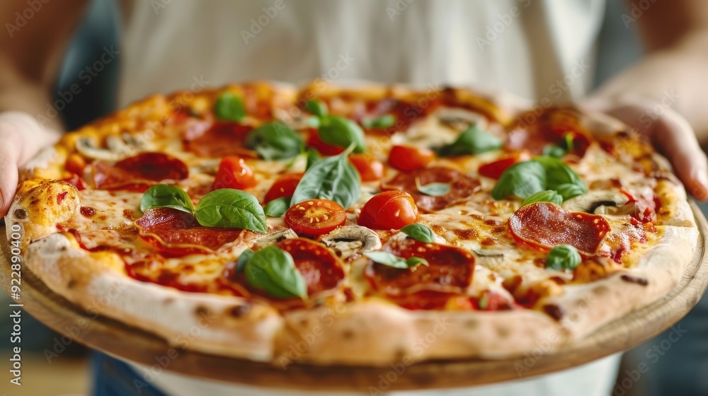 Mouthwatering homemade pizza with a variety of delicious toppings including cheese tomatoes mushrooms pepperoni and fresh basil being held in hands on a wooden table surface Mouthwatering homemade pizza with a variety of delicious toppings including cheese tomatoes mushrooms pepperoni and fresh basil being held in hands on a wooden table surface