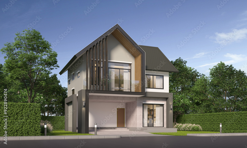 Modern house exterior day light with lawn grass.3d rendering Modern house exterior day light with lawn grass.3d rendering