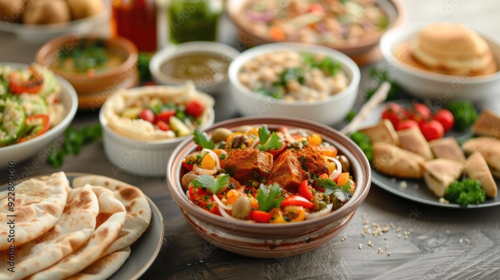 A richly laid table showcasing an array of vibrant aromatic and authentically prepared Arab inspired dishes shared amongst a group of content friends gathered for a joyful communal feast A richly laid table showcasing an array of vibrant aromatic and authentically prepared Arab inspired dishes shared amongst a group of content friends gathered for a joyful communal feast
