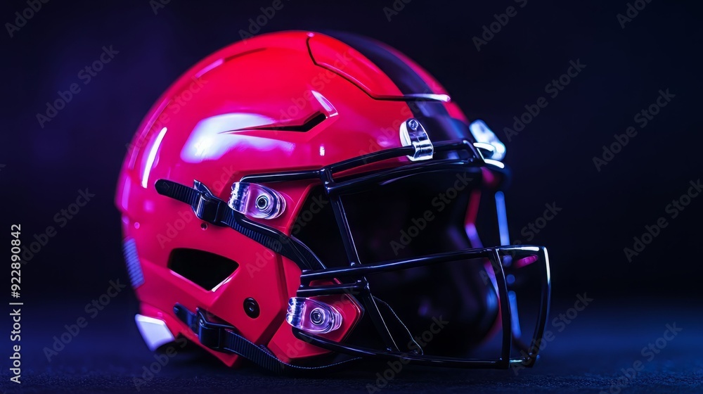 A vibrant red football helmet displayed against a dark background, showcasing its sleek design and modern features. A vibrant red football helmet displayed against a dark background, showcasing its sleek design and modern features.