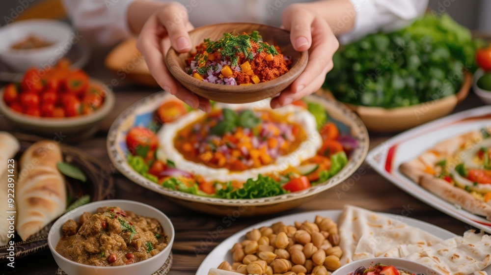 Fototapeta premium Vibrant Traditional Arab Family Dining with Diverse Homemade Dishes and Shared Hospitality A scene of a festive Middle Eastern meal shared among loved ones