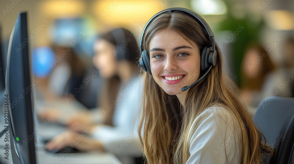 Young woman wearing headset, customer service representative, smiling at the camera while working on a computer. Background with other people working at computers. Mobile phone center. Young woman wearing headset, customer service representative, smiling at the camera while working on a computer. Background with other people working at computers. Mobile phone center.