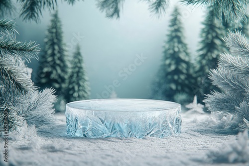 Wallpaper Mural Ice podium with pine trees background for mockup display or presentation of products. with generative ai Torontodigital.ca