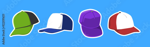 Collection of baseball hat or trucker hat with flat style. Isolated on blue background. Vector illustration.