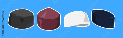 Collection of muslim cap, skull cap, songkok, or kopiah with flat style. Isolated on blue background. Vector illustration.
