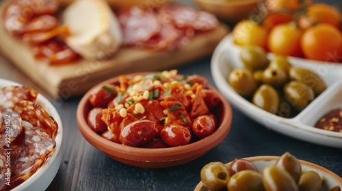 Mouthwatering selection of traditional Spanish tapas small bite sized dishes served on a rustic wooden board perfect for sharing and enjoying with friends over an intimate social gathering or photo