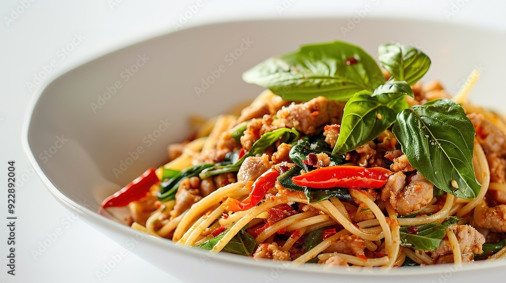 Spaghetti Fried Stir Basil with minced pork in a dish brown props decoration red chili on white background,Close up,Copy Space.