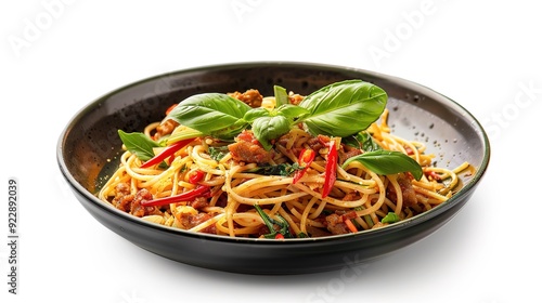 Spaghetti Fried Stir Basil with minced pork in a dish brown props decoration red chili on white background,Close up,Copy Space.