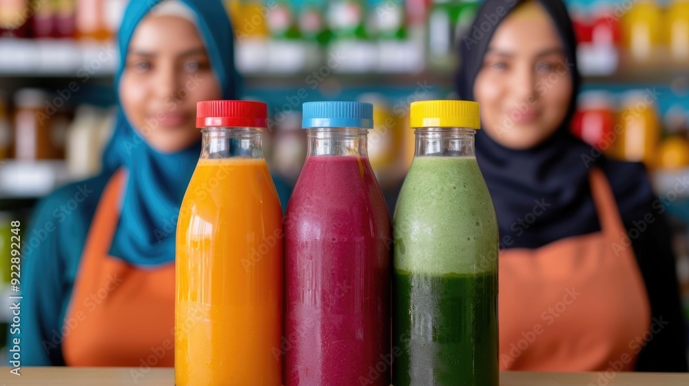 Two young Muslim women in hijabs enjoying fresh colorful juices in a cozy lively juice bar setting Blurred background creates a sense of deep depth of field Two young Muslim women in hijabs enjoying fresh colorful juices in a cozy lively juice bar setting Blurred background creates a sense of deep depth of field