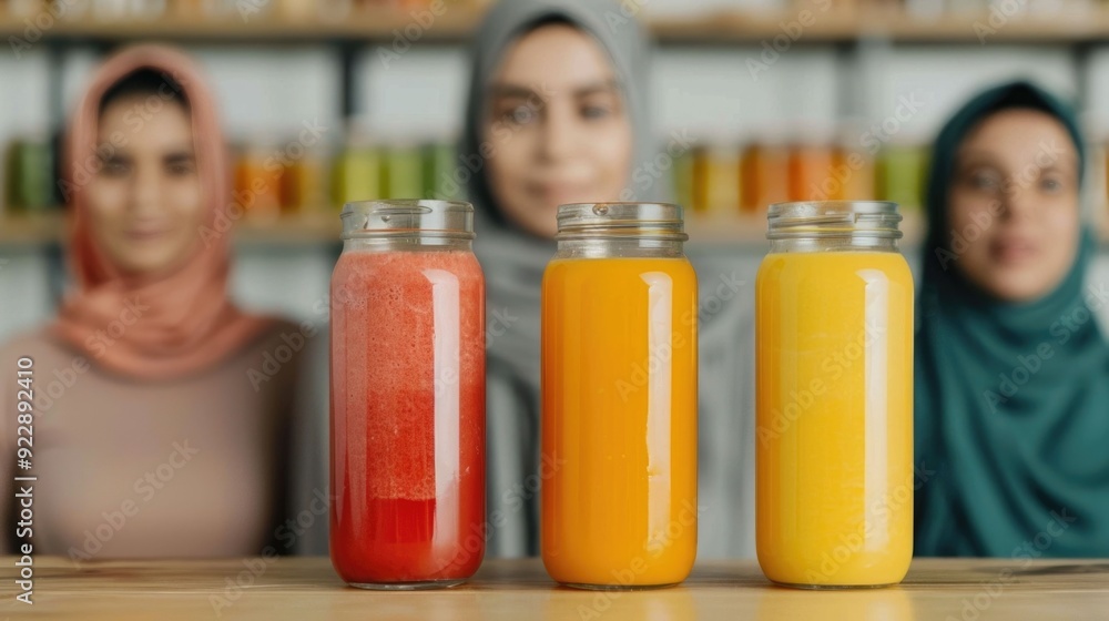 A group of Muslim friends gathered at a vibrant juice bar enjoying an array of freshly made juices in a social and lively setting The deep depth of field highlights the focus on the drinks A group of Muslim friends gathered at a vibrant juice bar enjoying an array of freshly made juices in a social and lively setting The deep depth of field highlights the focus on the drinks