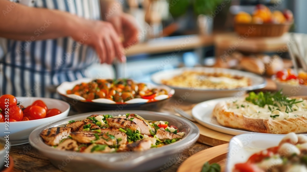 Fototapeta premium Diverse group of people enjoying a shared cultural dining experience with a depth of field showcasing the delicious food table setting and cozy atmosphere