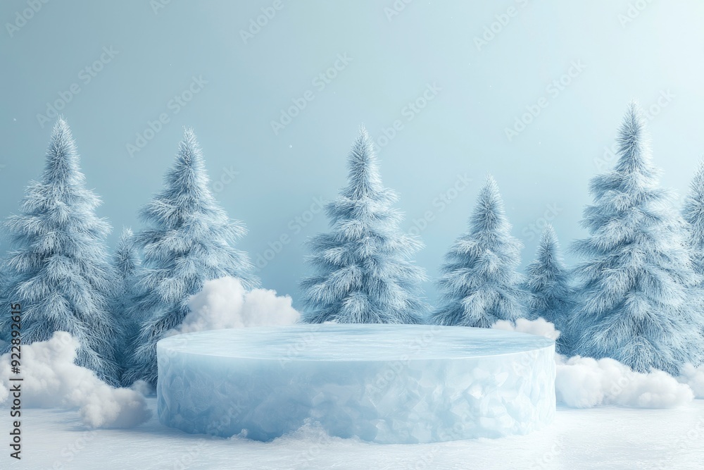 Obraz premium Ice podium with pine trees background for mockup display or presentation of products. with generative ai