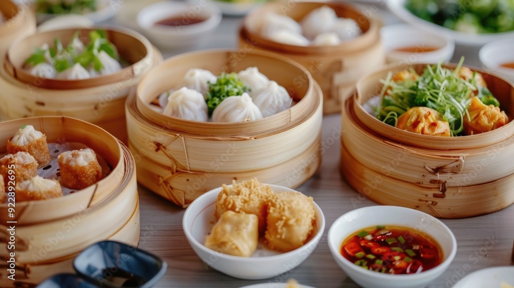 Group of friends enjoying a selection of traditional Chinese dim sum dumplings served in wooden bowls on a table with a blurred background creating a depth of field effect Group of friends enjoying a selection of traditional Chinese dim sum dumplings served in wooden bowls on a table with a blurred background creating a depth of field effect