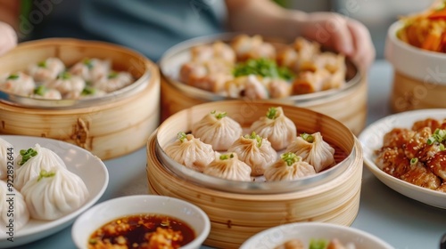 A group of friends enjoying a tasty and authentic dim sum meal with an assortment of delicious dumplings and other Chinese cuisine artfully arranged on a wooden table The scene captures the social