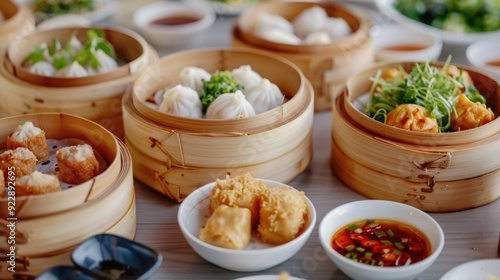 Group of friends enjoying a selection of traditional Chinese dim sum dumplings served in wooden bowls on a table with a blurred background creating a depth of field effect