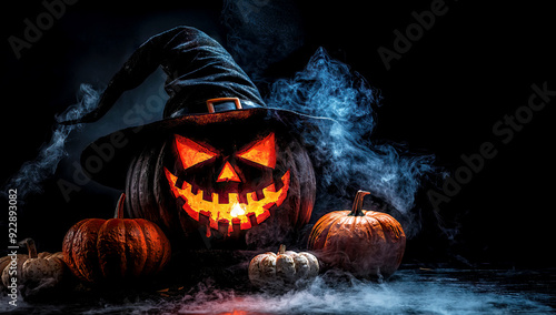 Halloween jack-o-lantern wearing a witch's hat smoke in the background, glowing candle inside of a carved pumpkin, October celebration photo