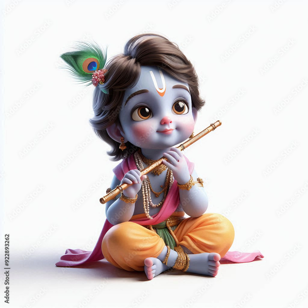 Fototapeta premium little Krishna holding flute, Janmashtami, Hindu festival celebrating the birth of little Krishna, 3D 